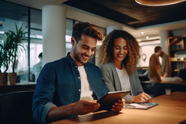 Man and woman chatting and working online positive smiling workplace in the office and colleague