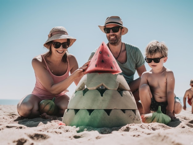 A man and a woman and a child on the beach generative ai image