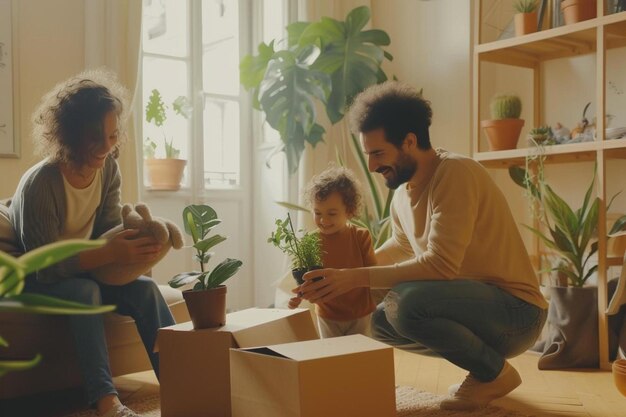 Foto un uomo, una donna e un bambino che aprono una scatola