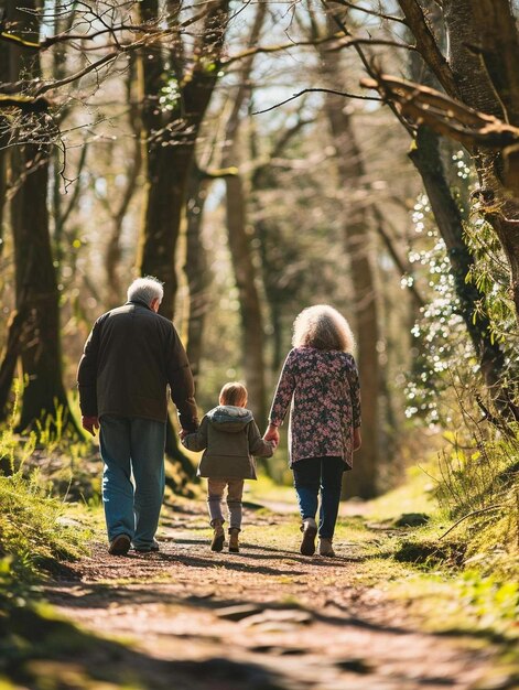 a man and a woman and a child walking down a path