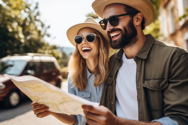 A man and a woman collaborate as they analyze a map searching for directions Happy young couple looking at the map and smiling on a roadtrip for directions AI Generated