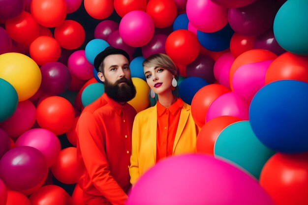 A man and a woman in colorful clothes among balloons lgbt pride month generative ai 1