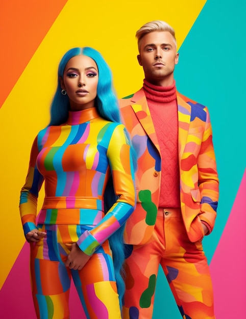 A man and woman in colorful outfits are posing for a photo