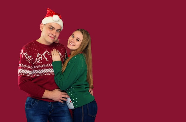 man and woman couple in love together in christmas
