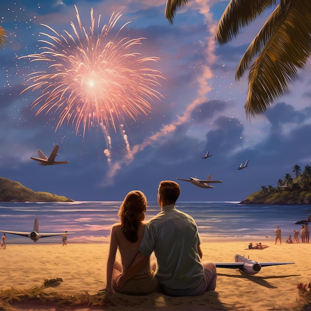 A man and woman couple watching colorful firework at beach for celebrate holiday or happy new year