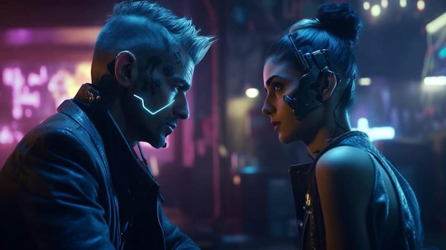 A man and woman in a cyberpunk style look at each other.