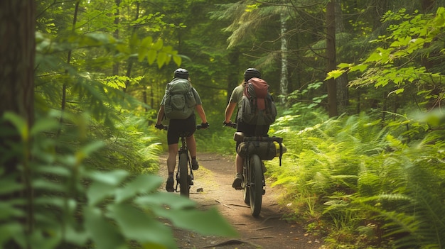 Foto uomo e donna in bicicletta nella foresta