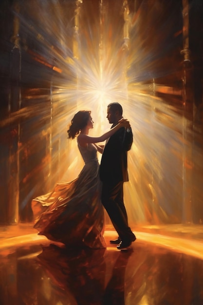 Man and woman dance in a room with beams of light behind them AI generative