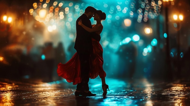 A man and a woman dance a sensual and passionate tango dance on the street in the evening