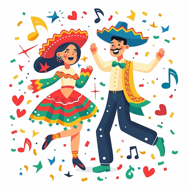a man and a woman dancing in a colorful dress with a colorful hat on