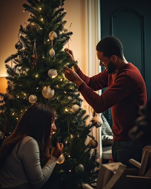 男性と女性がクリスマスツリーを飾り、女性が男性と一緒にクリスマスツリーを飾ります。