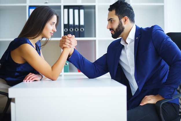 Man and woman doing arm wrestling in office