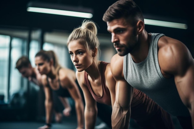 a man and woman doing push ups on a treadmill