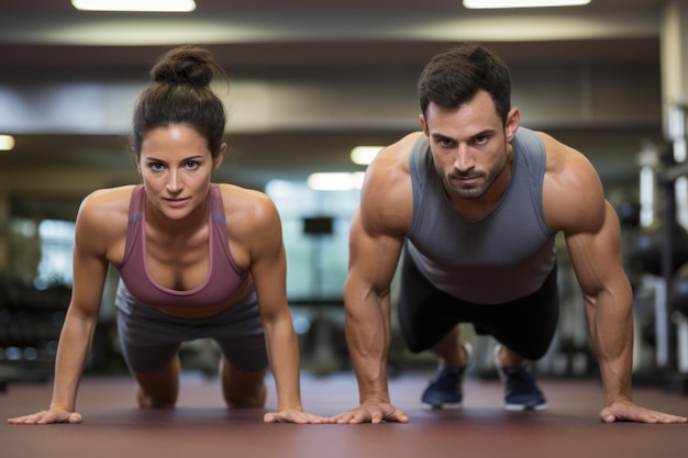 Photo a man and a woman doing pushups in a gym