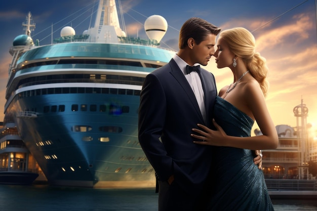 A man and a woman dressed in casual attire standing in front of a massive cruise ship