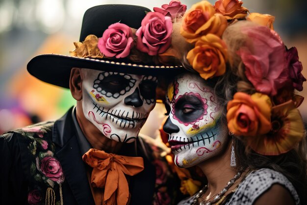 A man and a woman dressed up on the day of the Dead