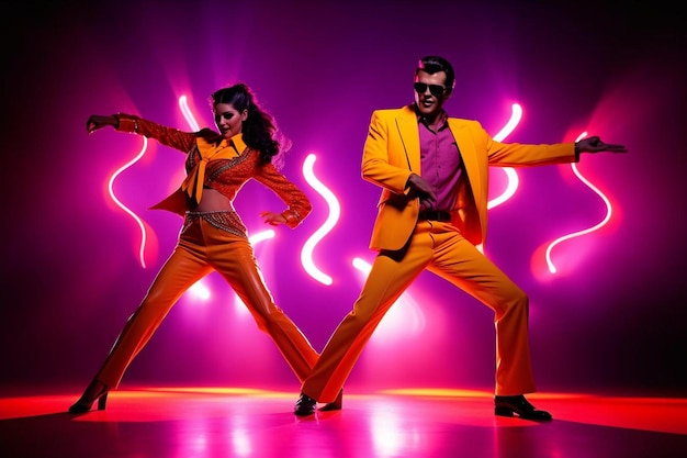 a man and a woman dressed in yellow dancing