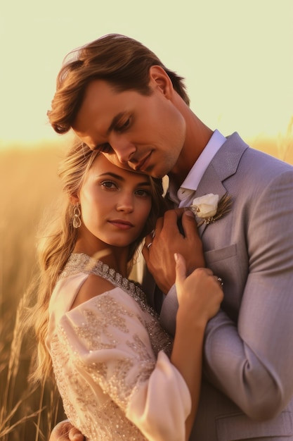 A man and woman embrace in a field.