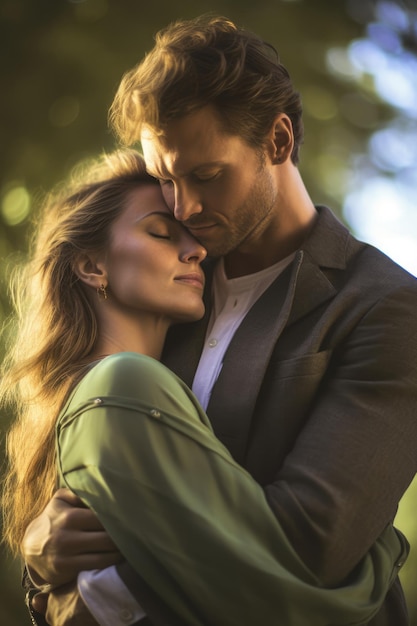 A man and woman embrace in a park.