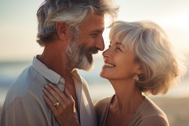 Foto un uomo e una donna si abbracciano e sorridono sulla spiaggia.