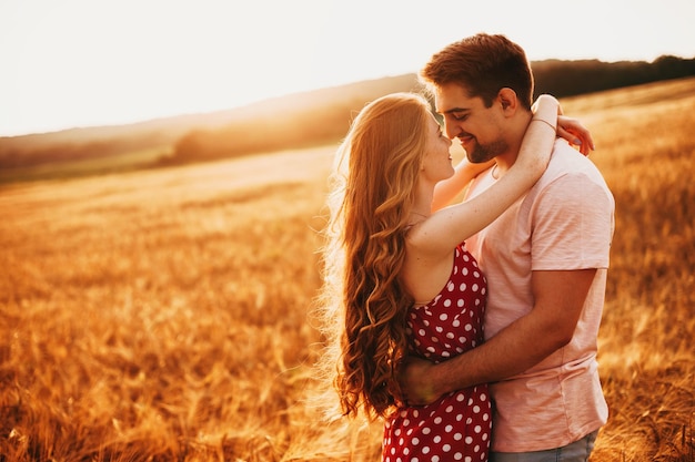 麦畑に沈む夕日を背景に抱きしめる男女。自然の風景。小麦畑。