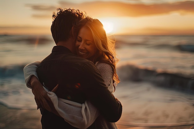 A man and a woman embracing in front of the ocean