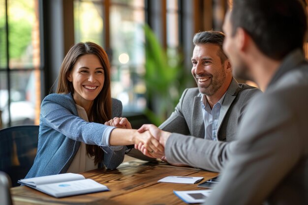 A man and woman engaging in a professional handshake across a table Male and female colleagues shaking hands after negotiating a contract AI Generated