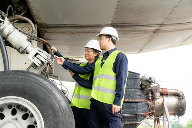 man and woman engineer maintenance airplane