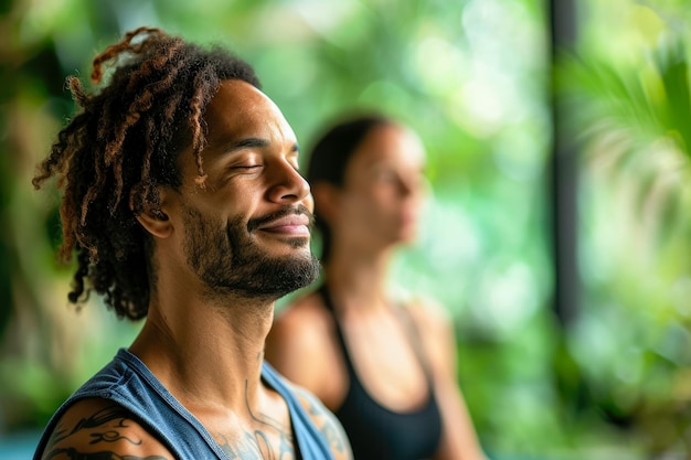 Мужчина и женщина наслаждаются уроком йоги с спокойным выражением лица
