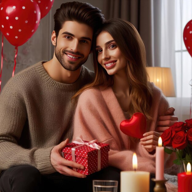 Photo a man and woman exchanging gifts on a special valentine evening