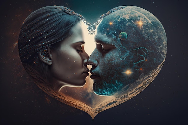 A man and woman face in a heart shape with the words love and romance.