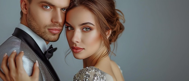 ファッションのカップルの男性と女性スーツを着たエレガントな男性と銀色のドレスを着た豪華な魅力的な女の子灰色の背景の夕方のヘアドリュームと化品