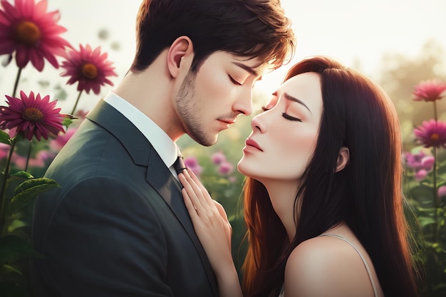 A man and woman in a field of flowers