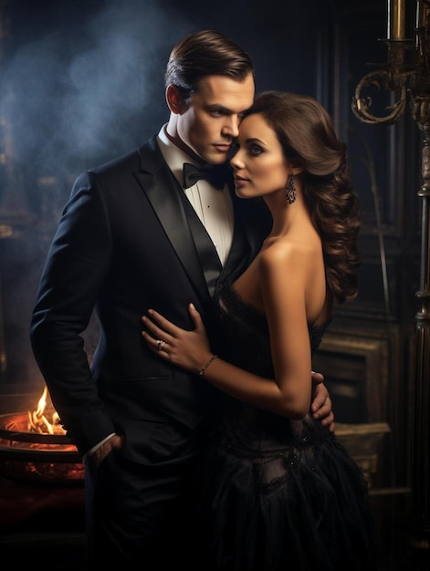 Photo a man and woman in formal wear pose in front of a fireplace