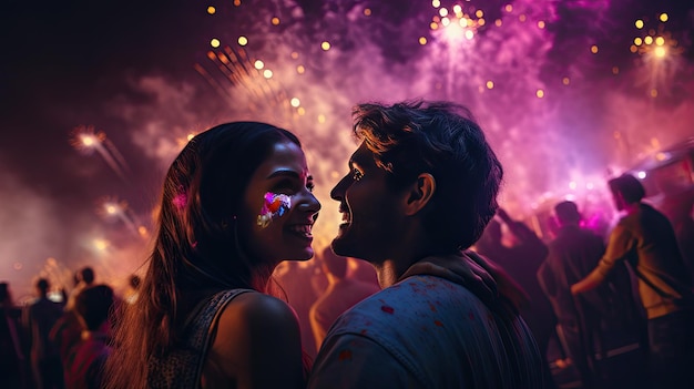 Man and Woman in Front of Fireworks Celebration Holi