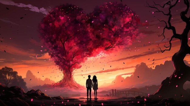 Foto un uomo e una donna davanti a un albero a forma di cuore per il giorno di san valentino