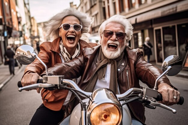 Foto uomo donna divertimento motocicletta sorriso viaggio allegra bicicletta elegante ridere vecchia amicizia generativa ai