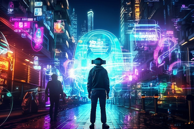 Foto un uomo e una donna in abiti futuristici stanno davanti a un cartello al neon che dice cyberpunk