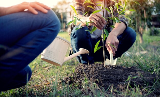 Foto uomo e donna in giardino sulla terraferma