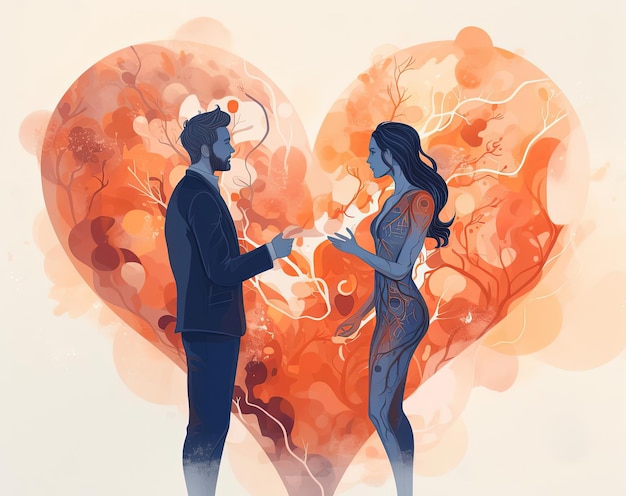 a man and woman going to a heart shaped human body in the style of psychological phenomena