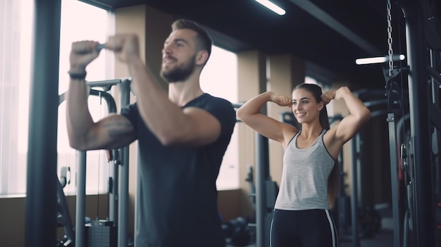 A man and woman in a gym with weights