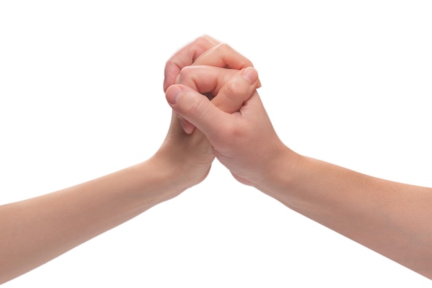 Man and woman hand isolated on a white background Support friendship handshake