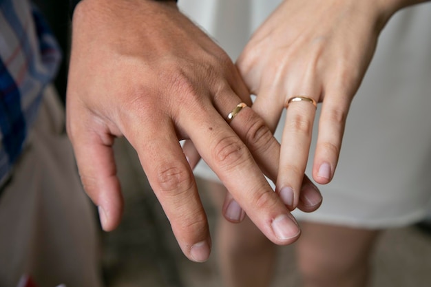 man and woman hands with wedding rings