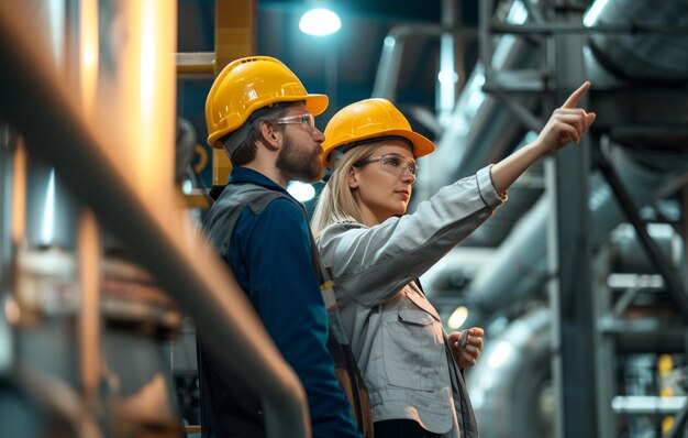 Photo man and woman in hard hat pointing at something inside a factory