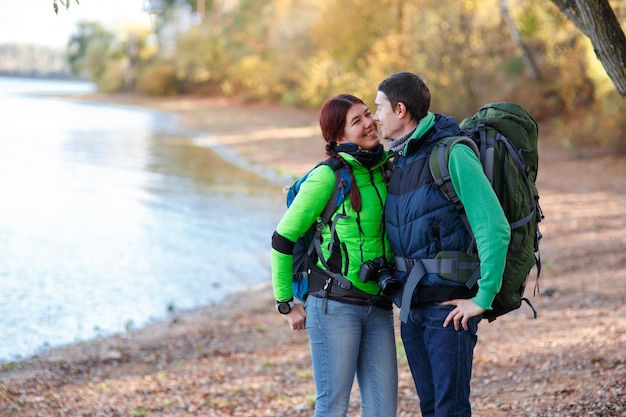 Man and woman hikers hiking