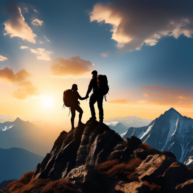 Мужчина и женщина прогуливаются по горам Мужчик и женщина прогулки по горам