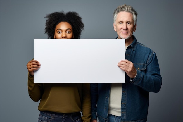 a man and a woman hold up a blank sign that says  e