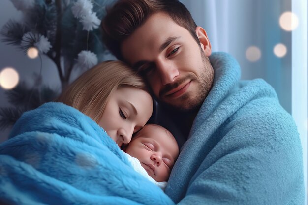 Man and woman holding adorable baby wrapped in blue blanket Generative AI