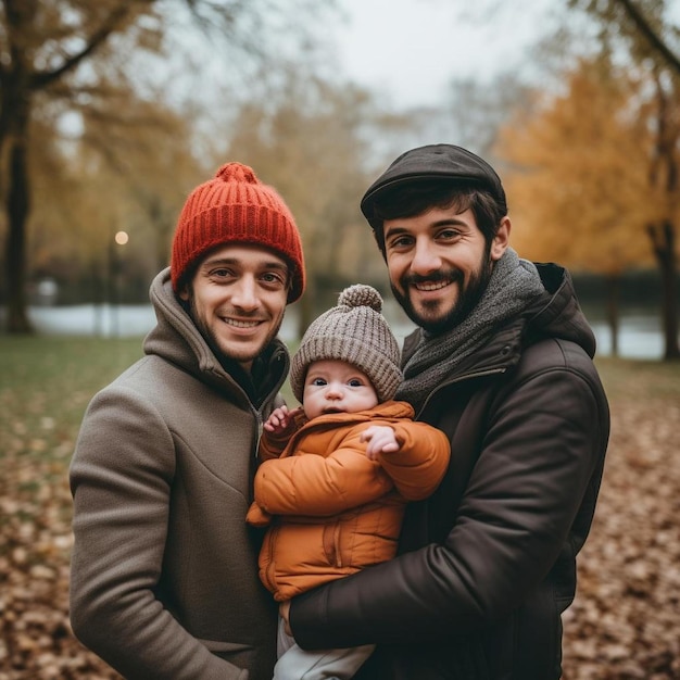 a man and woman holding a baby in a park