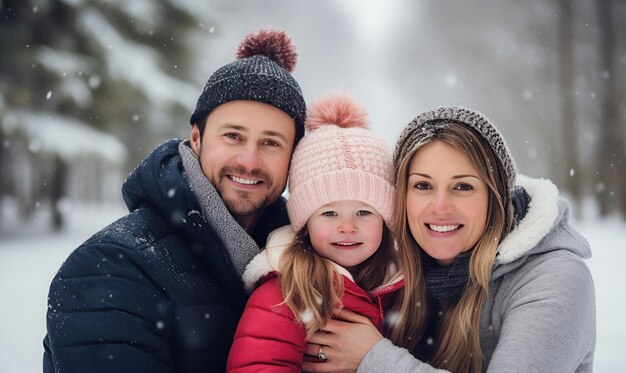 A man and a woman holding a baby in the snow